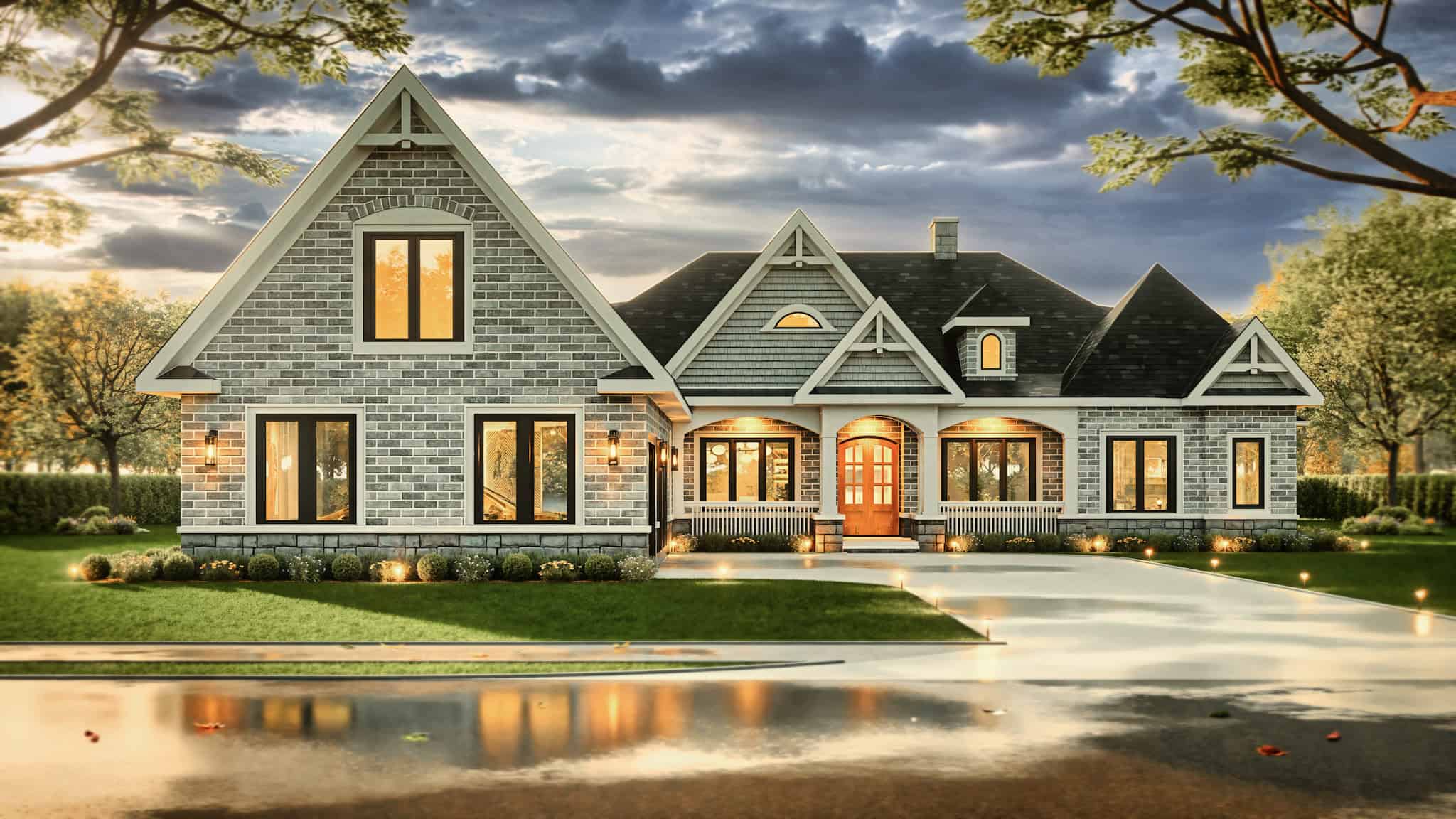 3-Bedroom, 2474 Sq Ft Craftsman ranch exterior with brick and stone cladding, courtyard entry 3-car garage, and gable-hip roofline — Plan #106-1321