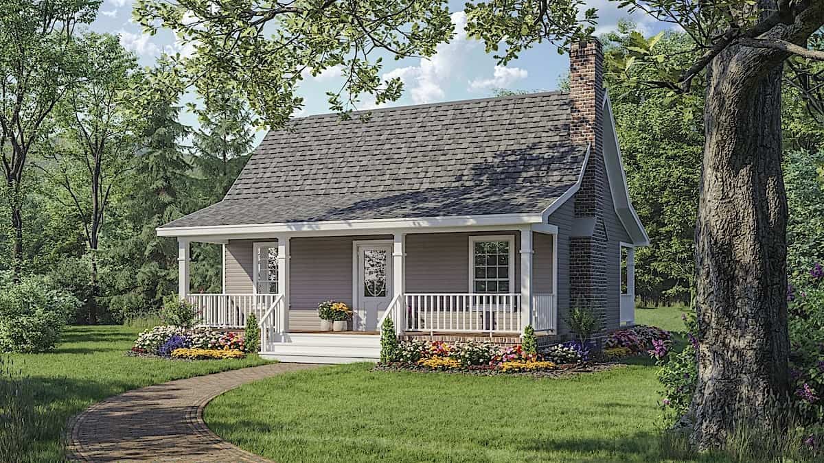 Small cabin house plan with screened porch, gable roofline, covered front porch, vinyl siding, country style, Plan 141-1140