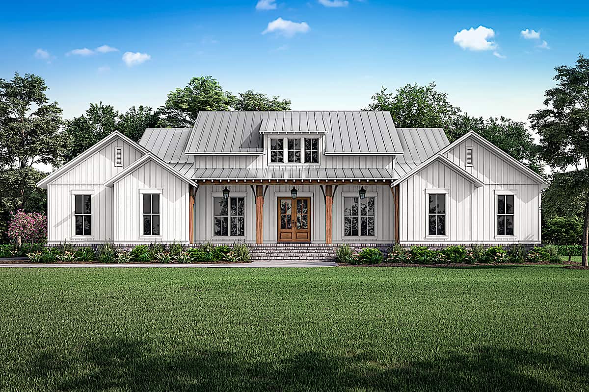 Modern Farmhouse exterior with board-and-batten siding, brick skirt, wood-column front porch, and metal roof — Plan #142-1238