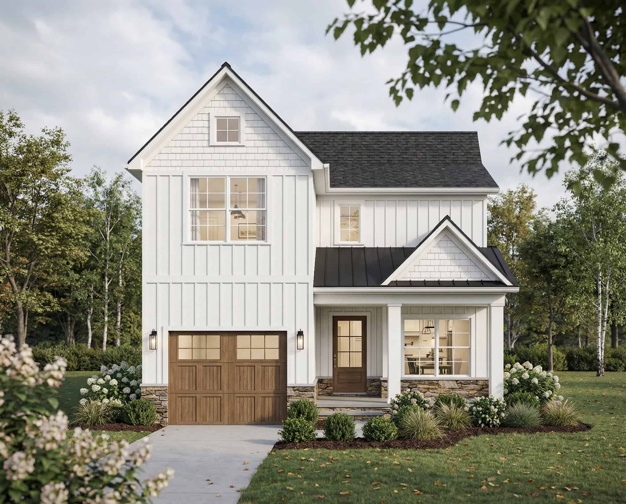 Two-story Farmhouse exterior with board-and-batten siding, metal accent roof, stone base, and covered front porch, Plan #193-1396