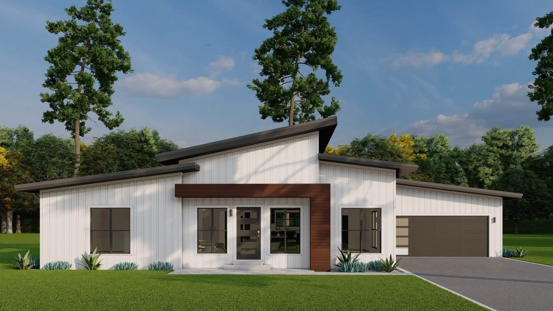 Modern ranch exterior with double shed metal roof, board and batten siding, and front-entry 2-car garage — Plan #193-1409