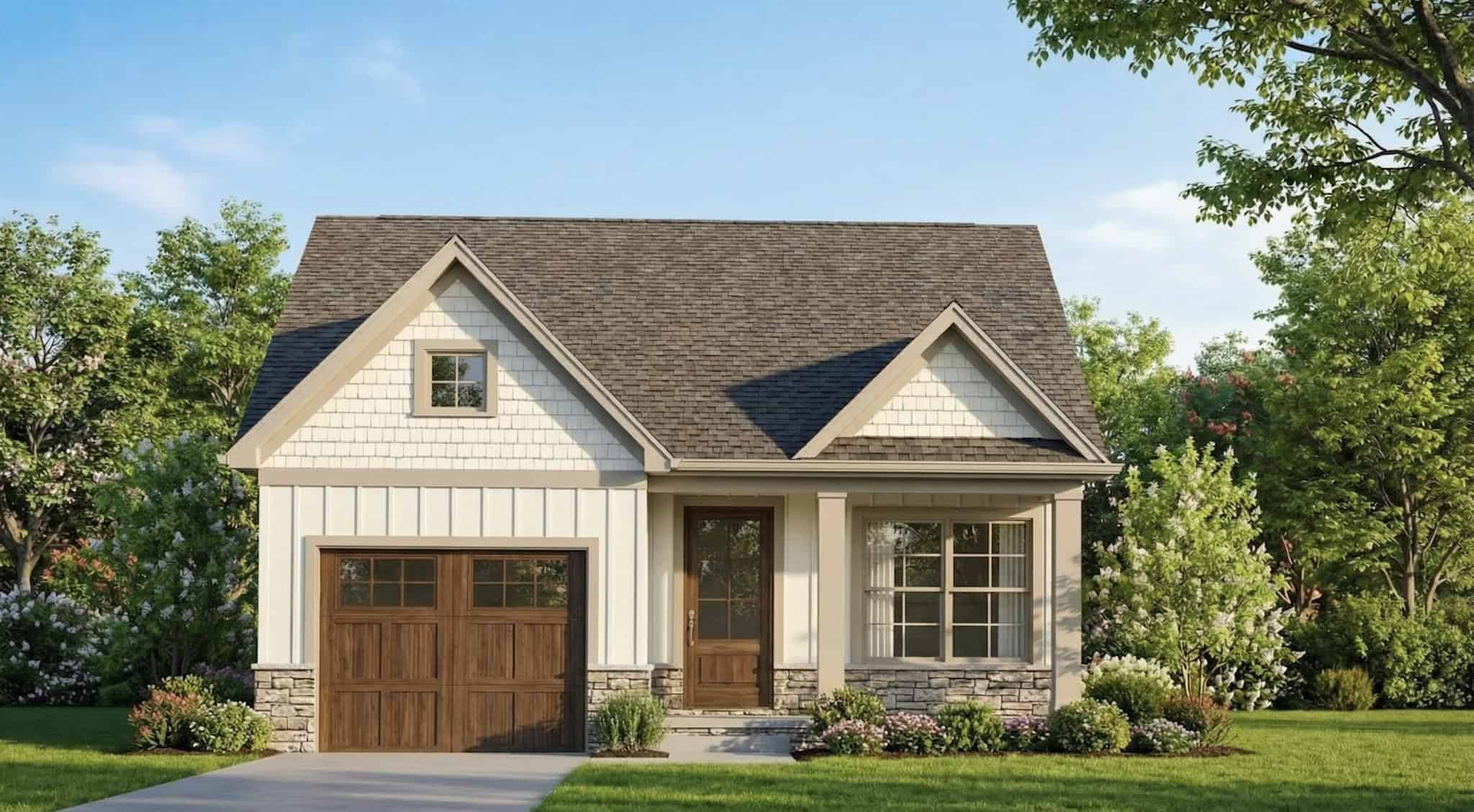 Small Craftsman cottage exterior with stone and shake cladding, covered front porch, and gable roofline — Plan #193-1410
