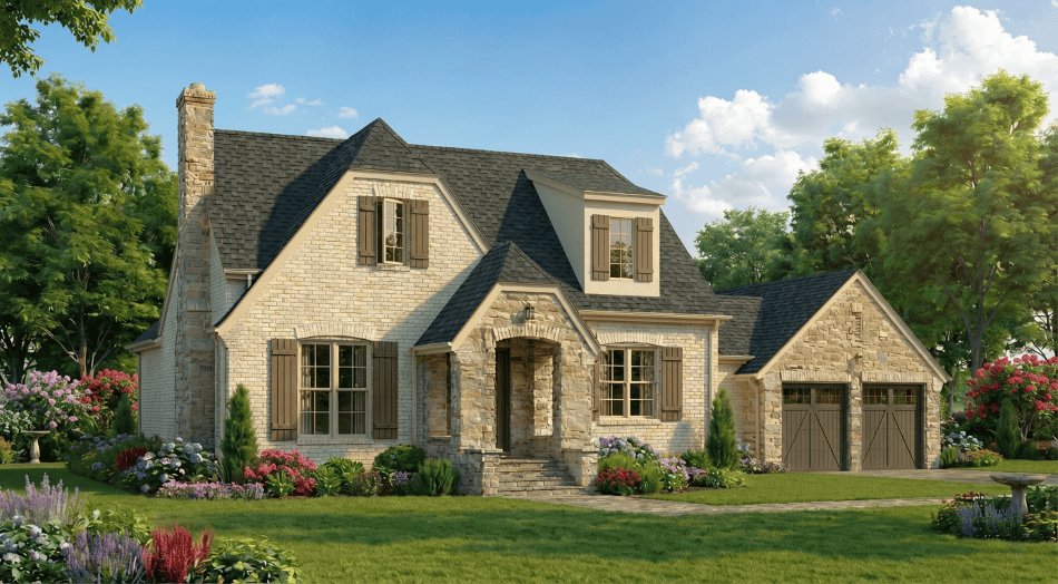 Brick and stone Cottage Bungalow exterior with covered front porch, gable-and-dormer roofline, and 2-car garage — Plan #193-1411