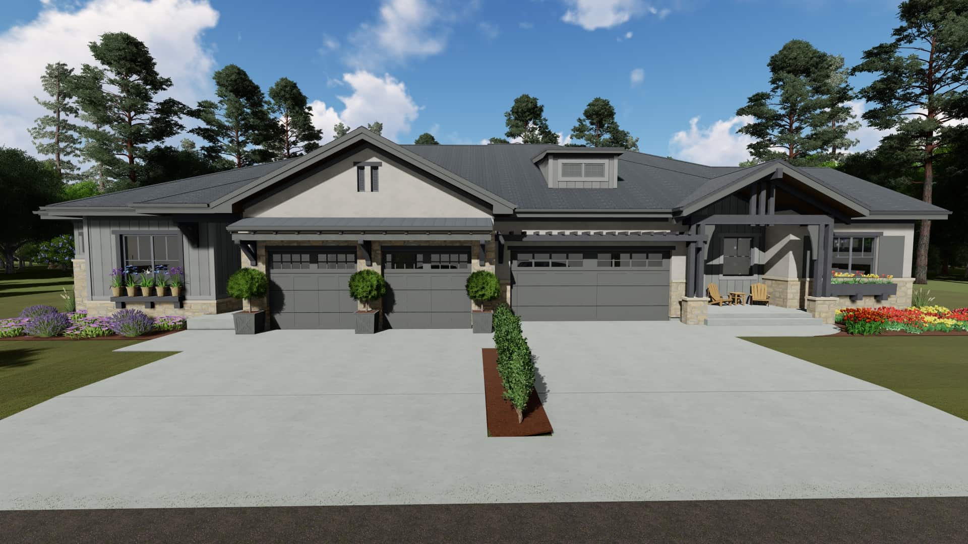 2-Bedroom per Unit, 3582 Sq Ft Ranch Duplex - Plan #194-1056 - Front Exterior