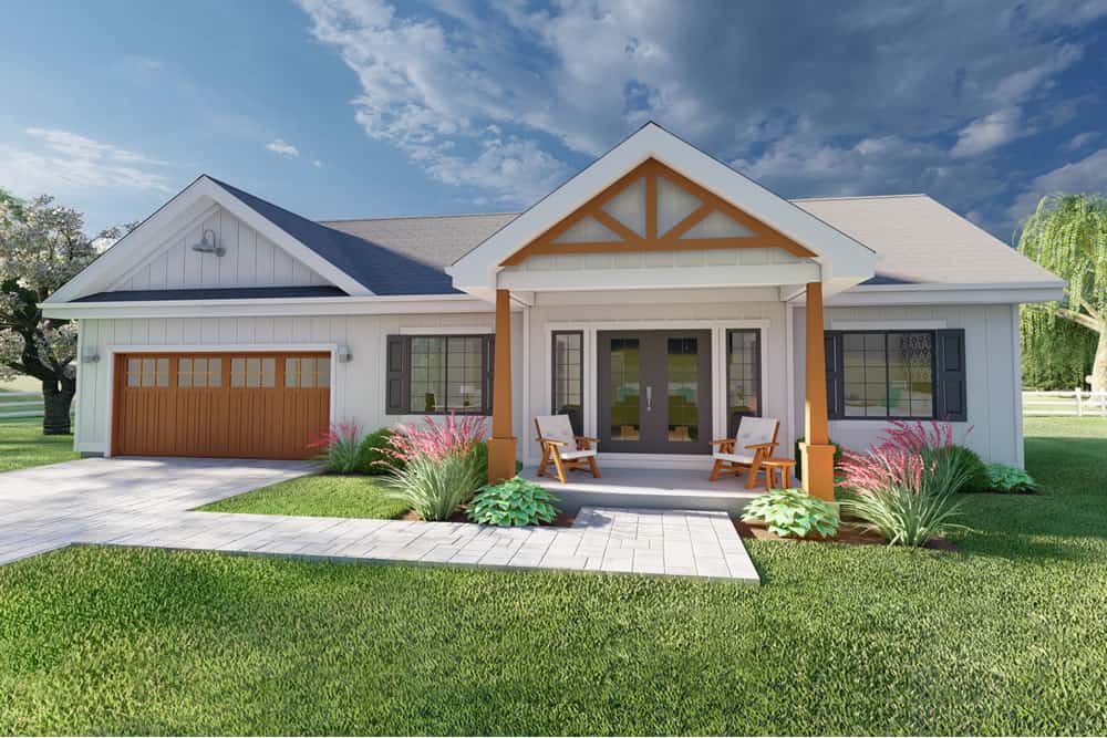 Small cottage house plan with gable roofline, multi-pane windows, timber accents, covered front porch, and attached 2-car garage — Plan #177-1057