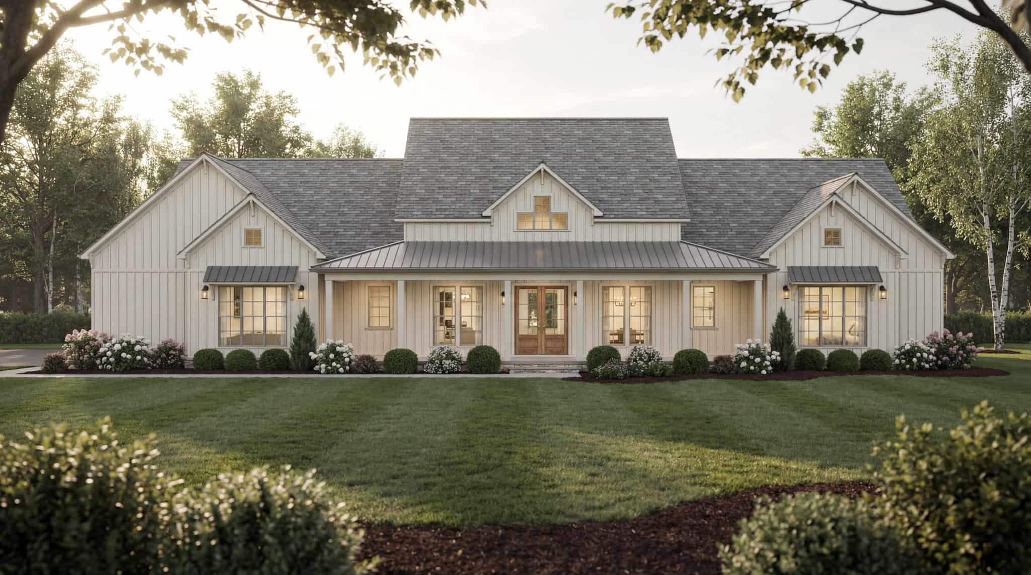 Single-story Modern Farmhouse exterior with board-and-batten siding, mixed metal roofline, and 4-car side-entry garage — Plan #193-1406