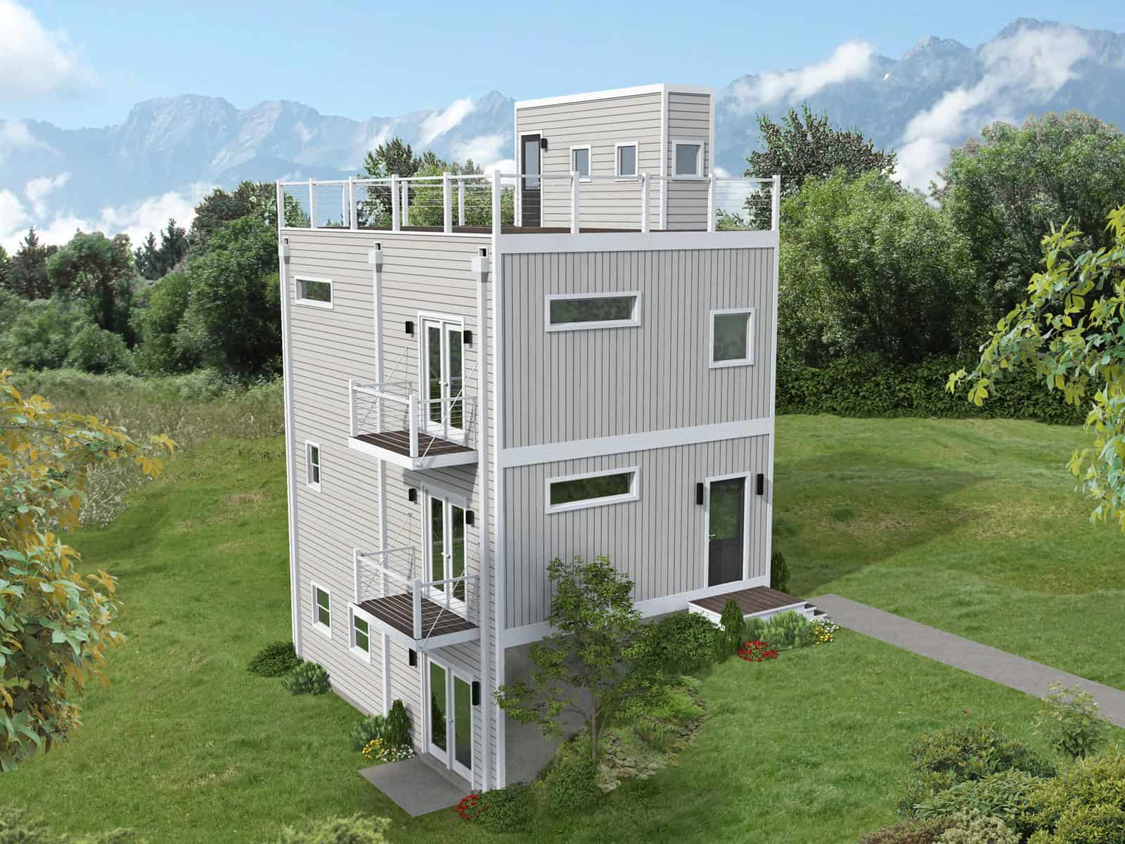Front elevation of three-story Modern narrow lot home with rooftop deck and flat roofline, Plan 196-1960