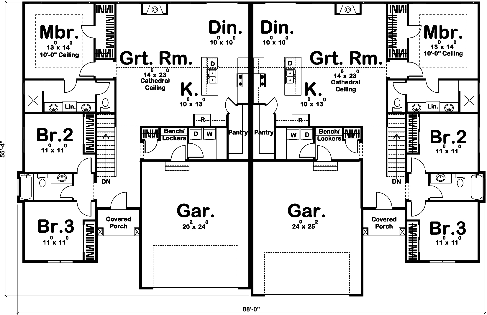 Ranch Duplex Plan #100-1319: 3 Bedrm, 1631 Sq Ft Per Unit Home