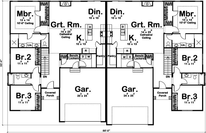 Ranch Duplex Plan #100-1319: 3 Bedrm, 1631 Sq Ft Per Unit Home