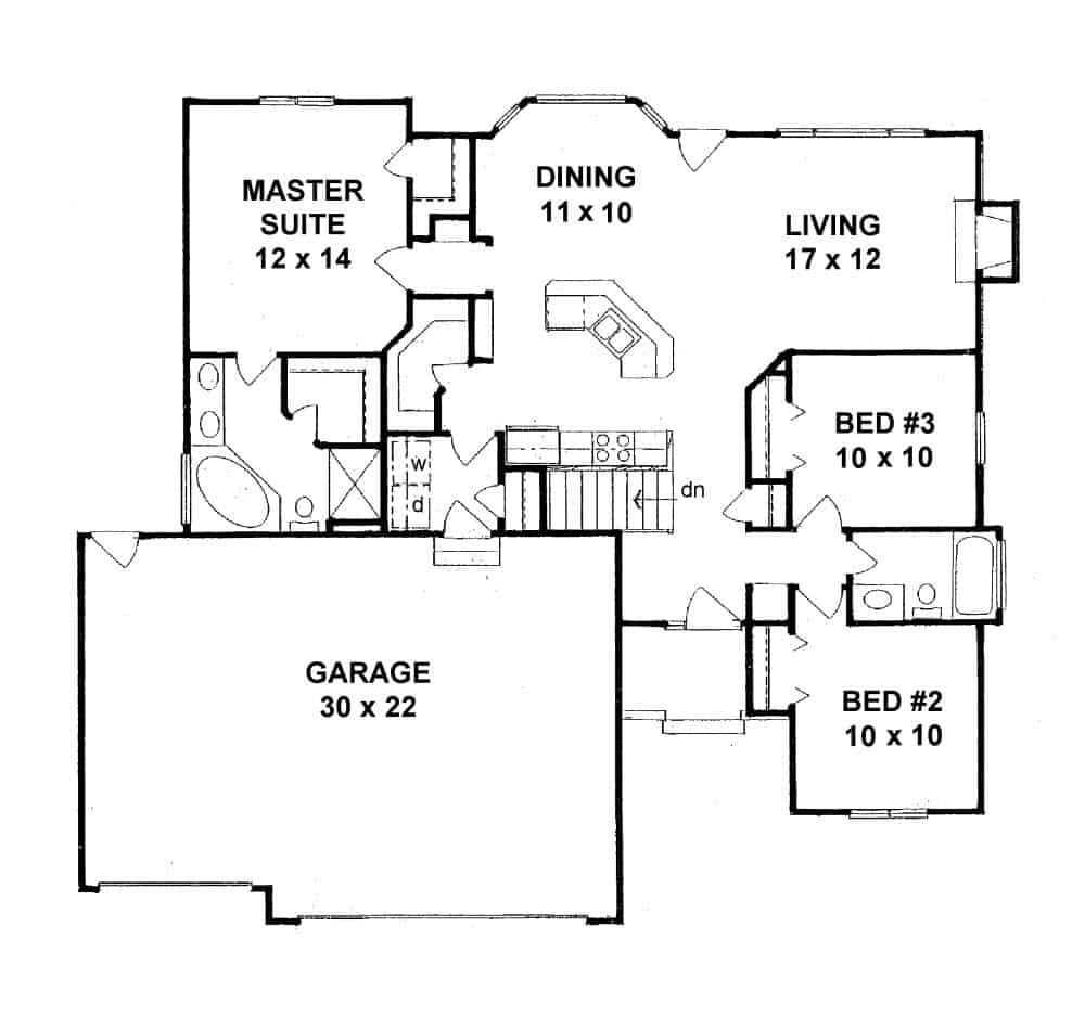 Ranch Floor Plan - 3 Bedrms, 2 Baths - 1288 Sq Ft - Plan #103-1128