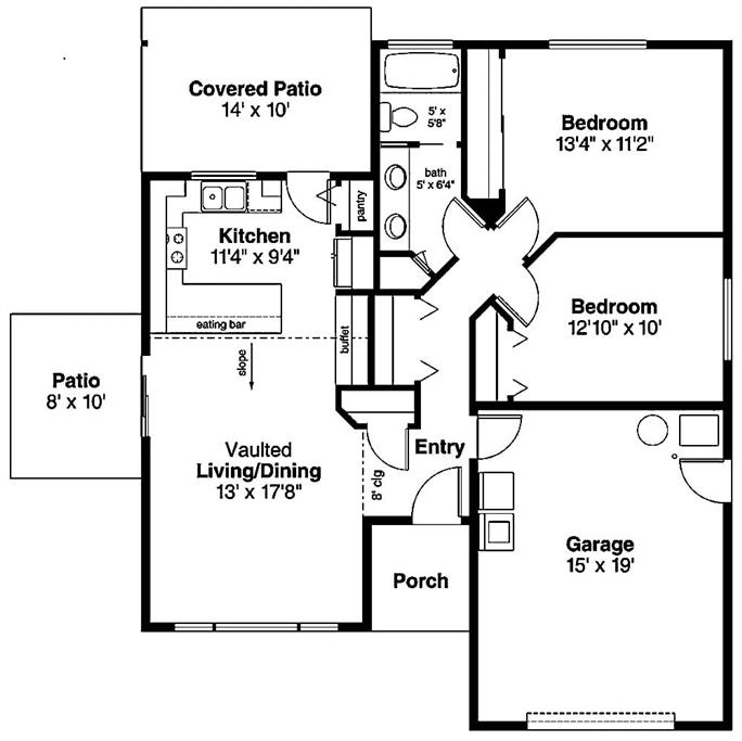 Ranch House Plan - 2 Bedrms, 1 Baths - 933 Sq Ft - #108-1909