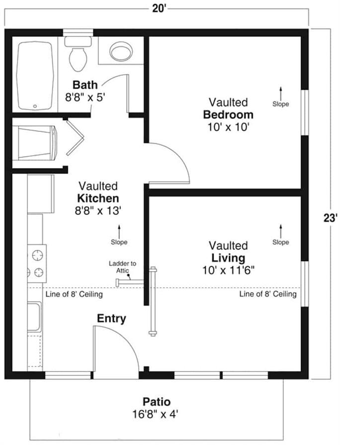 Contemporary /style House - 1 Bedrm, 1 Bath - 460 Sq Ft - Plan #108-1993