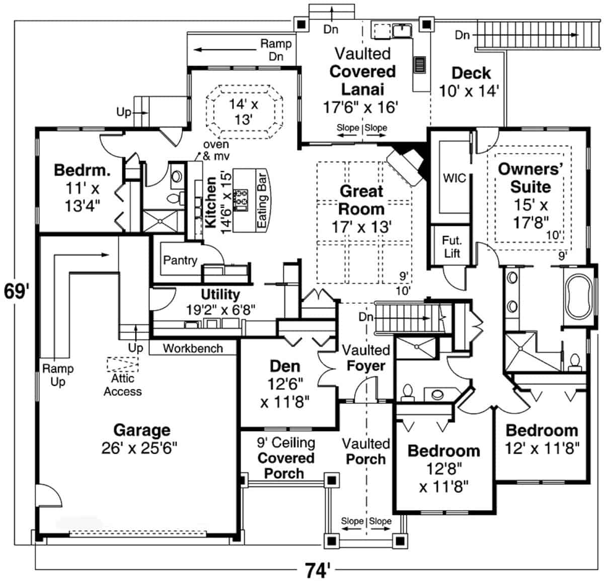 Ranch Style House - 4 Bedrms, 3 Baths - 2664 Sq Ft - Plan #108-1998