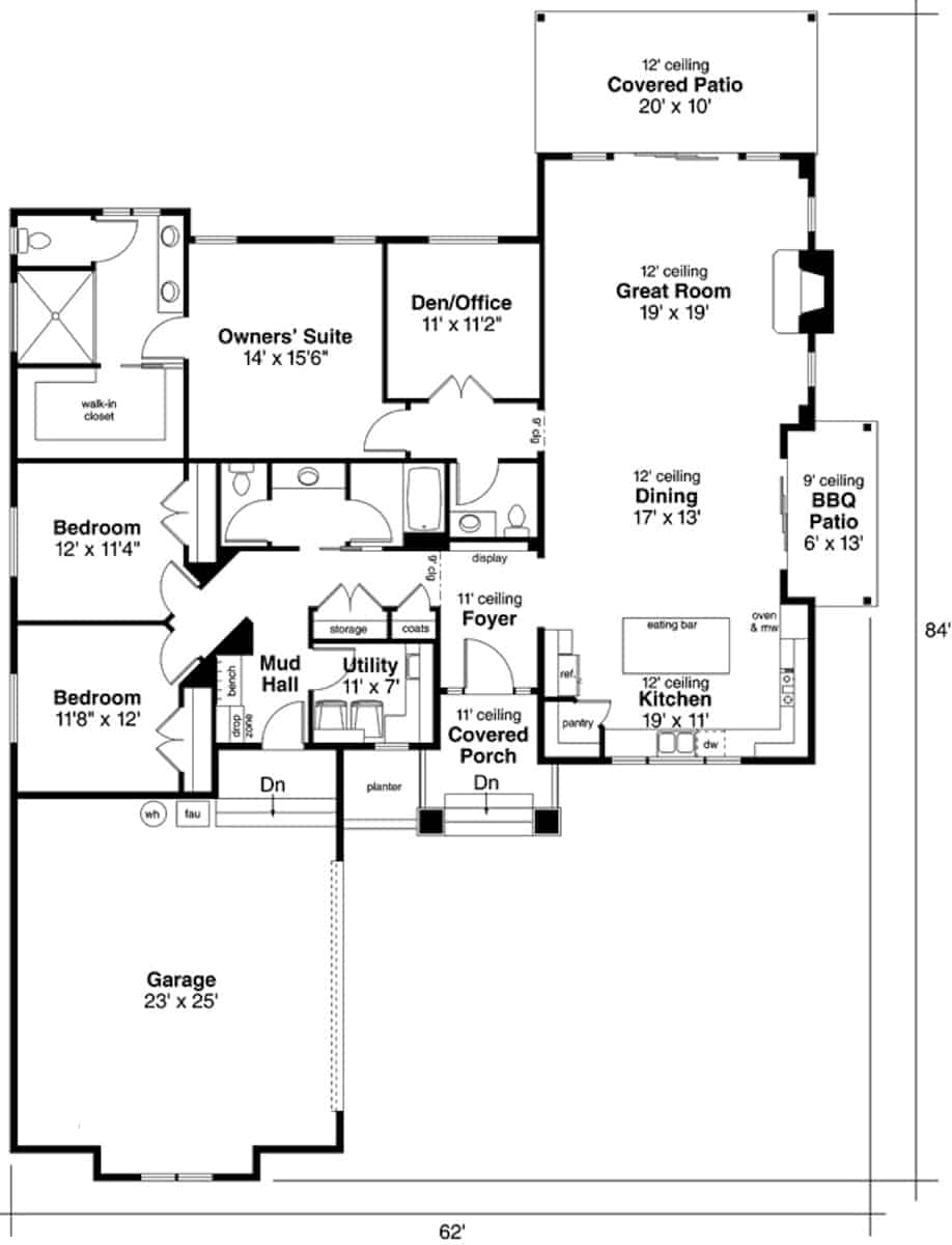 Contemporary Ranch - 3 Bedrms, 2.5 Baths - 2321 Sq Ft - Plan #108-2021