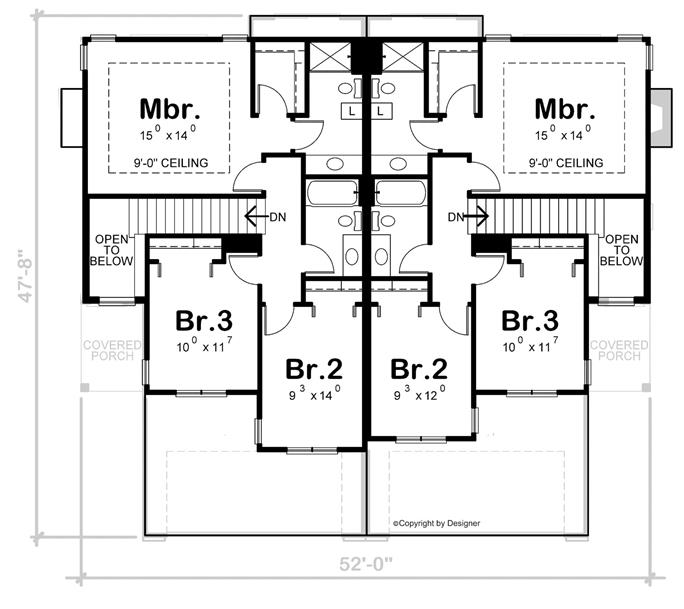 Traditional Duplex Plan #120-2500: 3 Bedrm, 1418 Sq Ft Per Unit Home