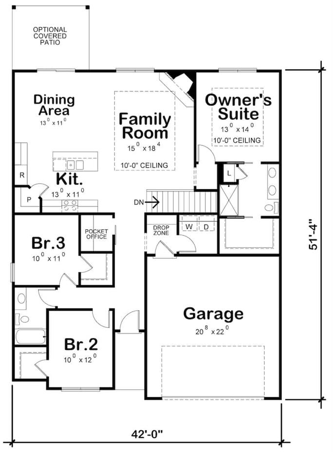 Narrow Lot Ranch Home Plan - 3 Bed, 2 Bath - 1603 Sq Ft - #120-2682