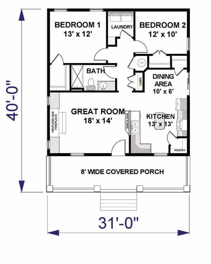 2 Bedroom 992 Sq Ft Tiny Small House Plan With Porch 123 1042