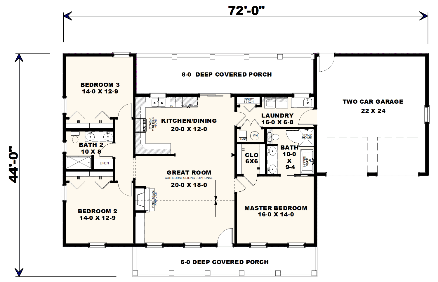 Ranch Home Plan - 3 Bedrms, 2 Baths - 1629 Sq Ft - #123-1127