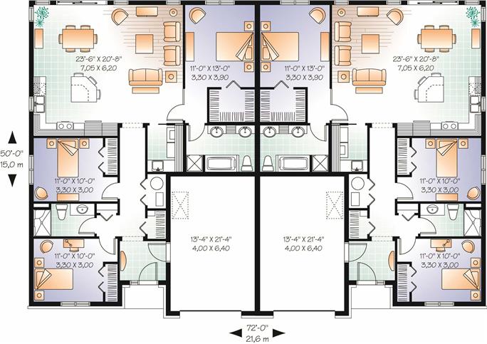 Traditional Duplex Plan #126-1051: 3 Bedrm, 1434 Sq Ft Per Unit Home