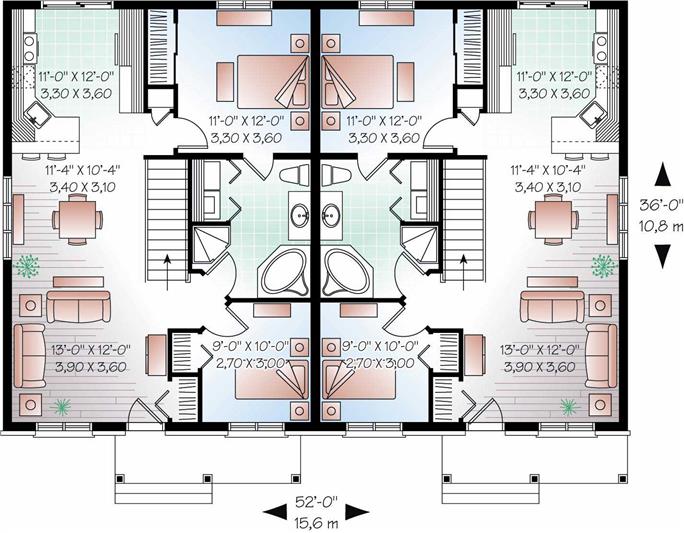 Multi-unit House Plan #126-1149: 2 Bedrm, 1872 Sq Ft Per Unit Home