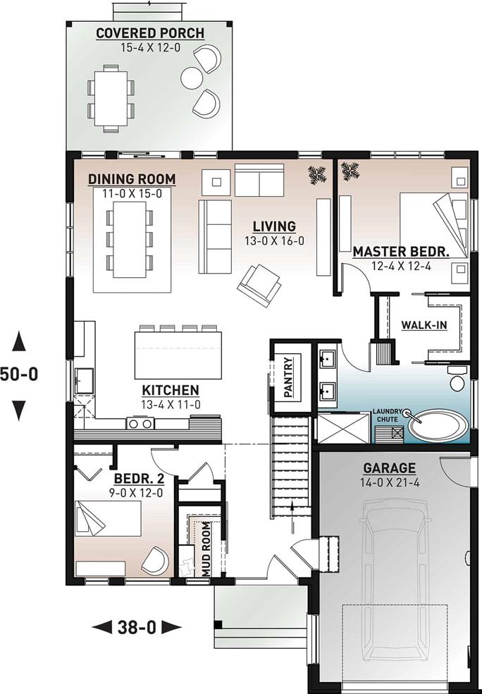 Contemporary Home Plan - 2 Bedrms, 1 Baths - 1339 Sq Ft - #126-2000