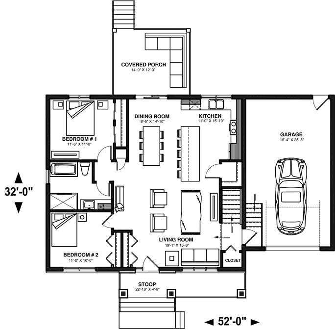 Cottage House Plan - 2 Bedrms, 1 Baths - 1140 Sq Ft - #126-2004