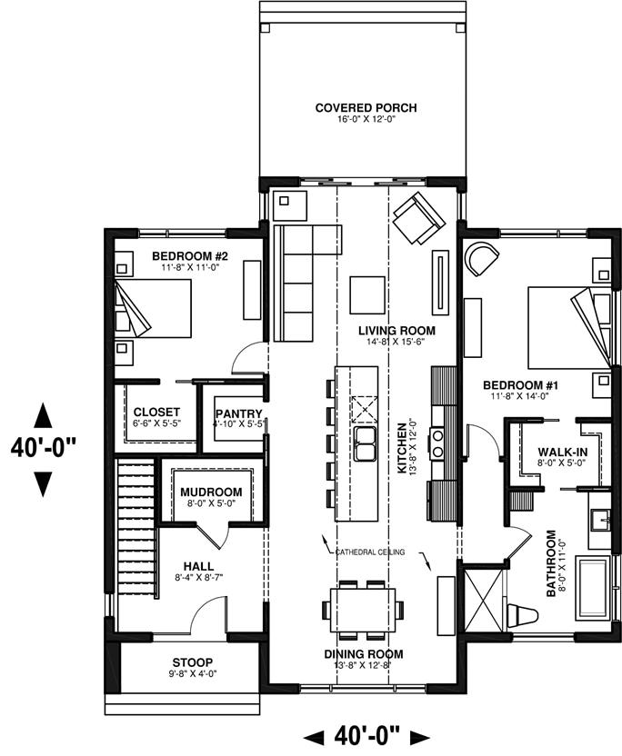 Ranch Home Plan - 2 Bedrms, 1 Baths - 1408 Sq Ft - #126-2008