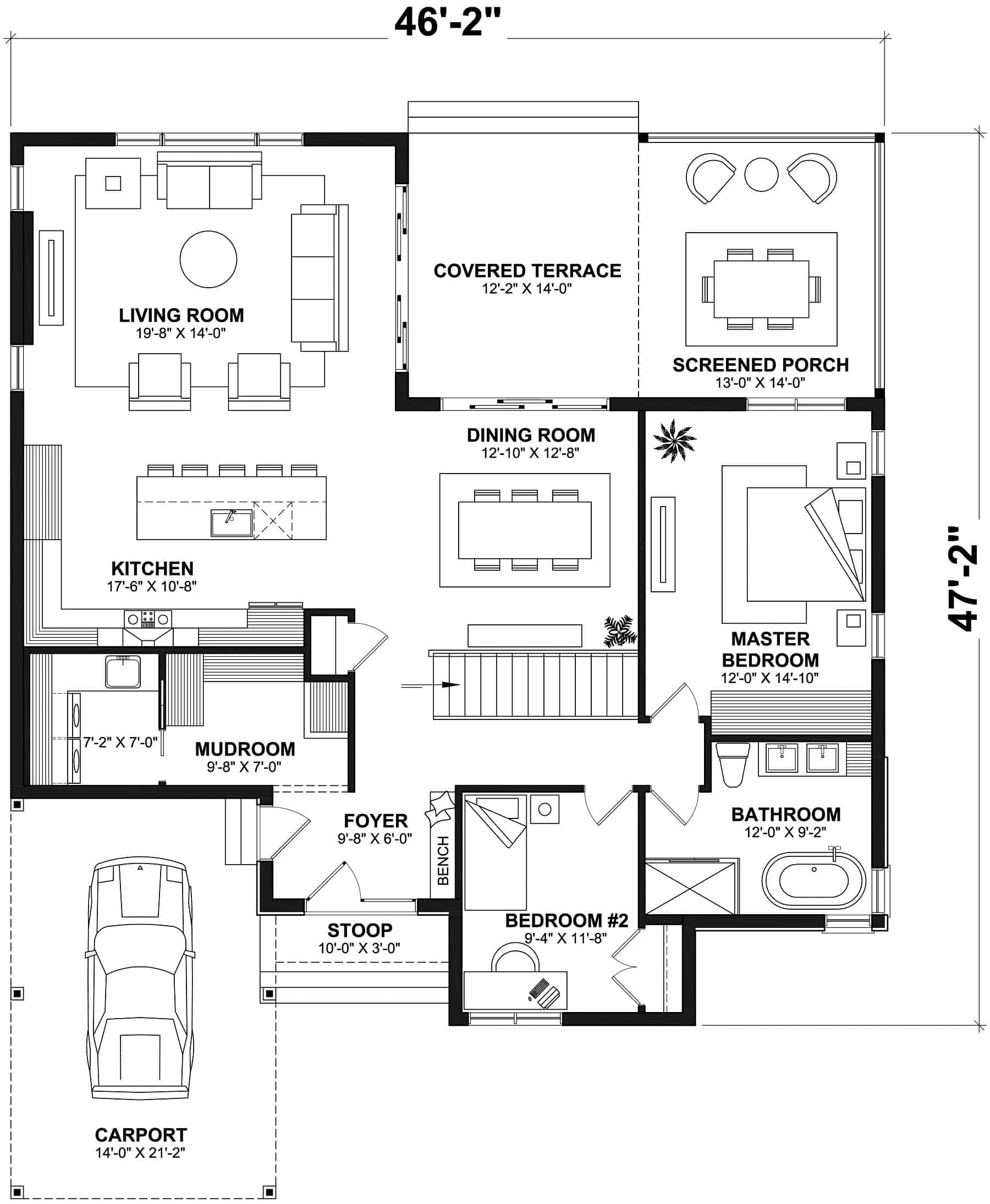 Small Contemporary House Plan - 2 Bed, 2 Bath, 1555 Sq Ft - #126-2025