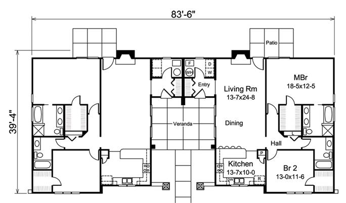 Multi-Unit House Plan #138-1260: 2 Bedrm, 1301 Sq Ft Per Unit Home ...