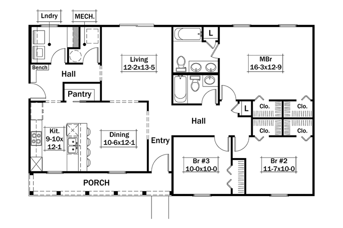 Country Ranch Home Plan - 3 Bedrms, 2 Baths - 1400 Sq Ft - #138-1429