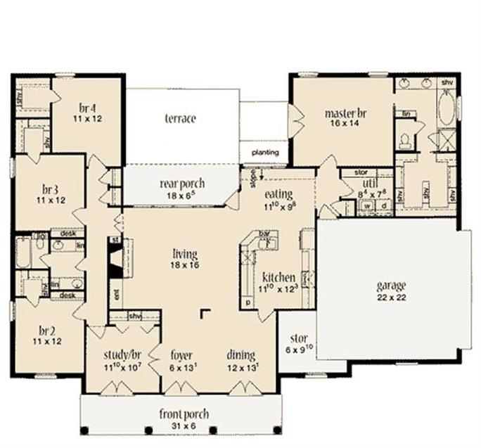 Acadian House Plan - 4 Bedrms, 2.0 Baths - 2,208 Sq Ft - Plan #139-1167