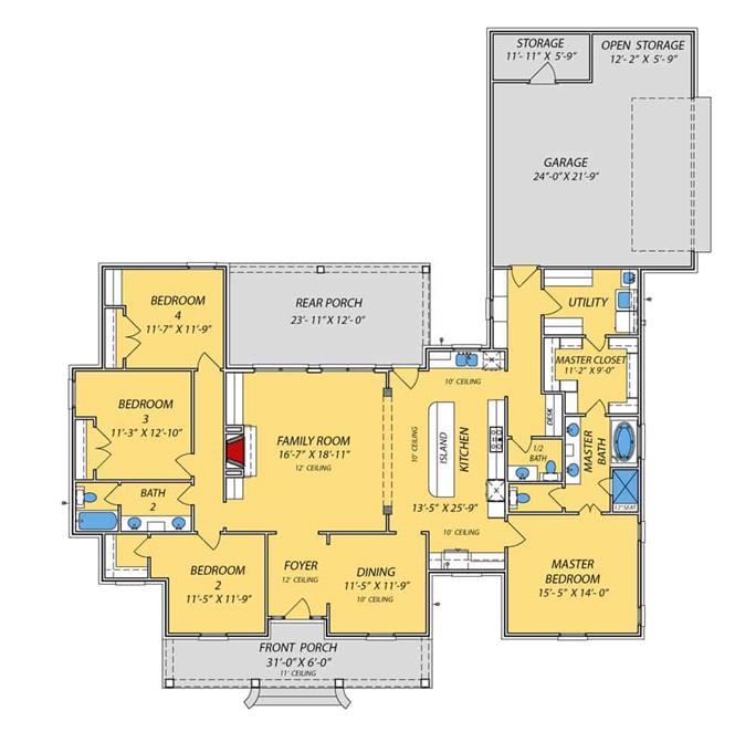 Ranch House - 4 Bedrms, 2.5 Baths - 2343 Sq Ft - Plan #140-1085