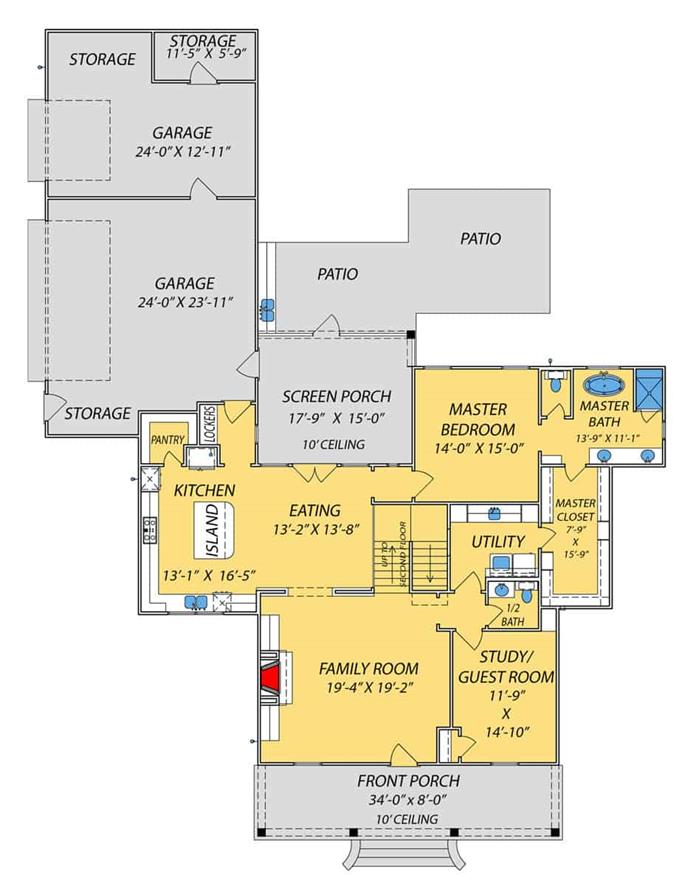 Farmhouse Floor Plan - 3–4 Bedrms, 3.5 Baths - 2672 Sq Ft - Plan #140-1101