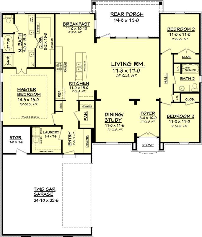 House Plan #142-1089: 3 Bdrm, 1,945 Sq Ft Acadian Home 