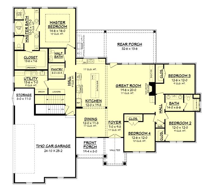 Country Style 4 Bedroom House Plan - One Story, 2.5 Bath