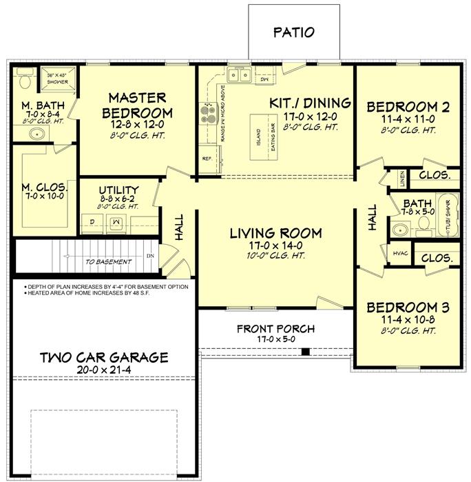 Traditional Ranch Floor Plan - 3 Bed, 2.5 Bath, 1232 Sq Ft - #142-1200