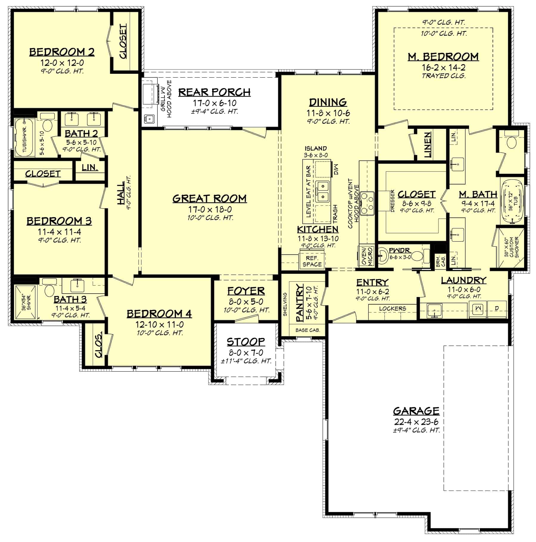 Contemporary Ranch Home Plan - 4 Bed, 3.5 Bath, 2216 Sq Ft - #142-1408