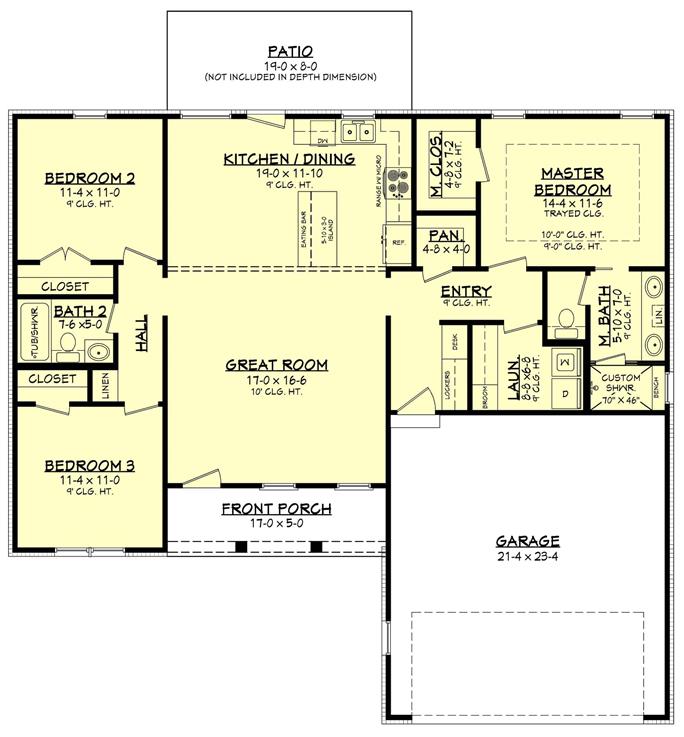 Contemporary Home Plan - 3 Bedrms, 2.5 Baths - 1416 Sq Ft - #142-1420