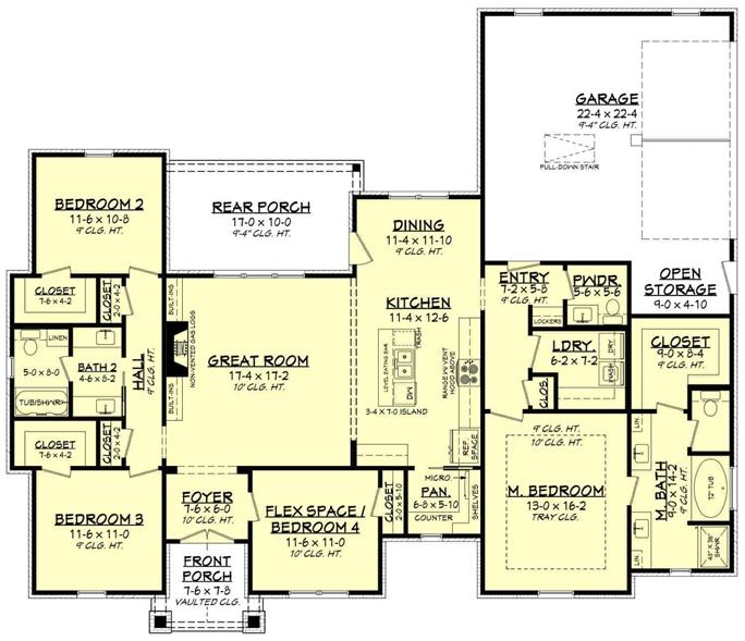 Open Craftsman Ranch House Plan - 4 Bedrms, 2.5 Baths - 1998 Sq Ft ...