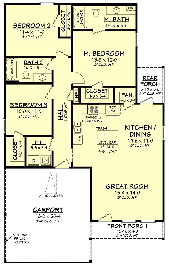 Ranch Home Plan - 3 Bedrms, 2 Baths - 1296 Sq Ft - #142-1448