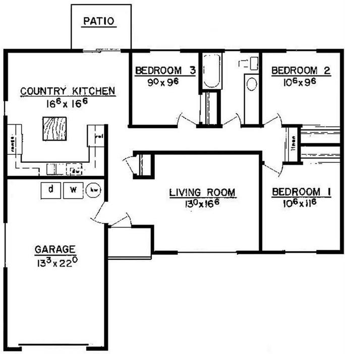 Small House Plans Home Plan - 3 Bedrms, 1 Baths - 1126 Sq Ft - #145-1966