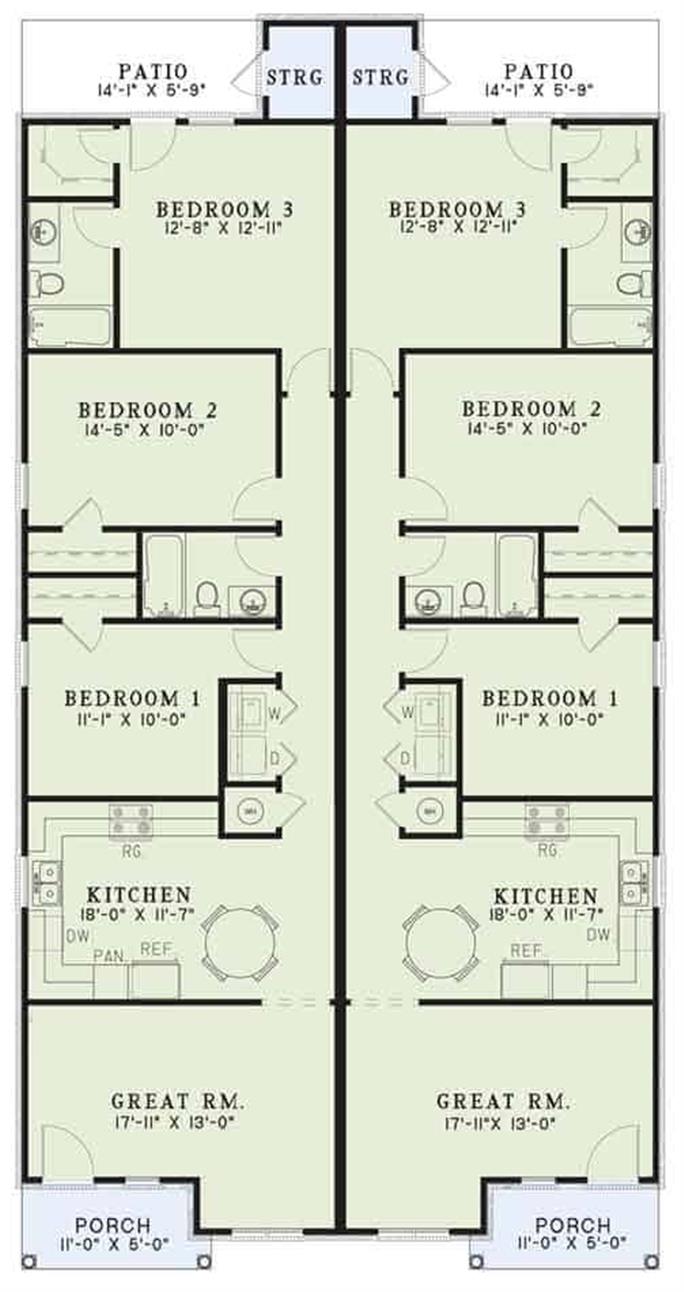 Narrow Lot Duplex Plan 3 Beds Per Unit