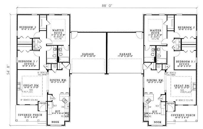 Traditional Duplex Plan #153-1594: 3 Bedrm, 1279 Sq Ft Per Unit Home