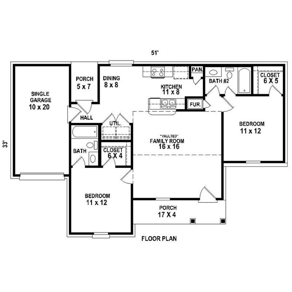 Ranch Home Plan - 2 Bedrms, 2 Baths - 1008 Sq Ft - #170-1796