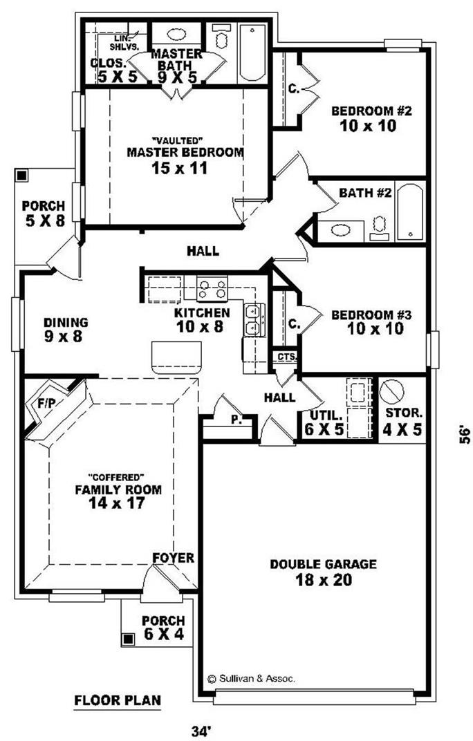 French Home Plan - 3 Bedrms, 2 Baths - 1224 Sq Ft - #170-2984