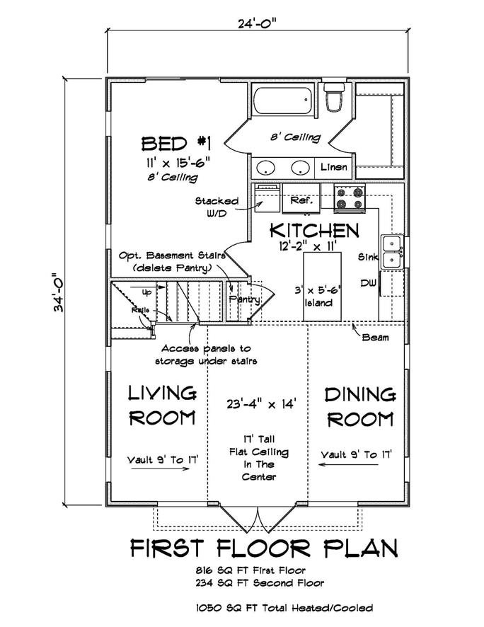 Cabin House Plan - 2 Bedrms, 2 Baths - 1050 Sq Ft - #178-1410