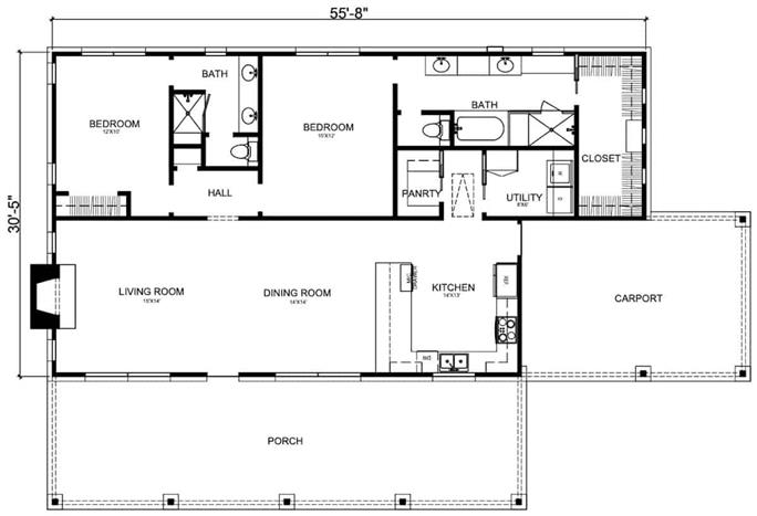 Ranch Style House - 2 Bedrms, 2 Baths - 1322 Sq Ft - Plan #192-1068