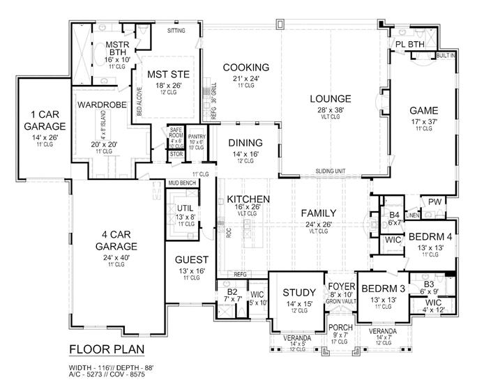 Ranch House Plan - 4 Bedrms, 5.5 Baths - 5273 Sq Ft - #195-1334