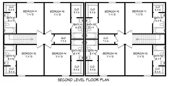 Multi-Unit House Plan #196-1034: 4 Bedrm, 2040 Sq Ft Per Unit Home