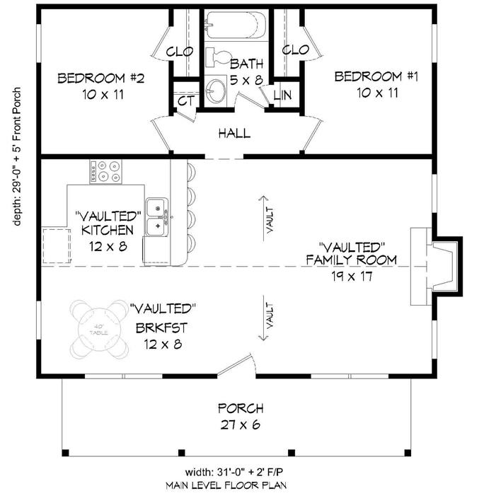 Ranch House Plan - 2 Bedrms, 1 Baths - 1062 Sq Ft - #196-1114